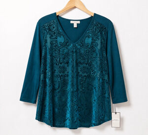 Dana Buchman Teal Damask Scroll Mixed Media Top 3/4 Sleeve Stretch Size L NWT